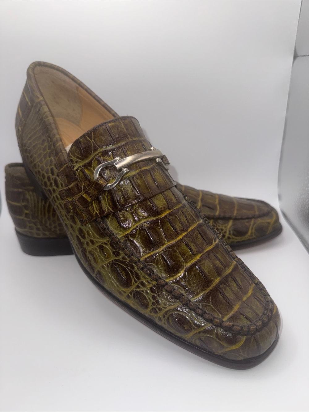 Bond Veari Luxury Croc Embossed Leather Loafers Men’s 8.5 Green - Picture 8 of 11